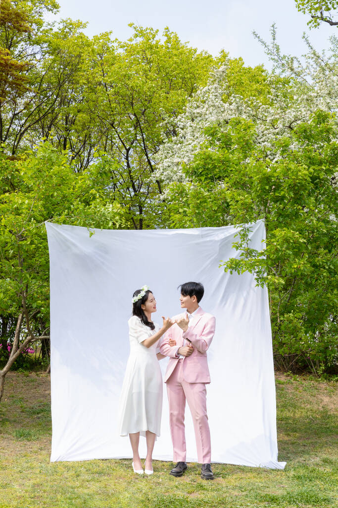 Прекрасна азіатська пара на весільних фотосесіях у парку.  - Фото, зображення