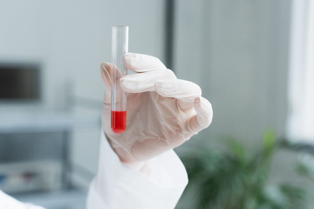 Cropped view of researcher in latex glove holding test tube in laboratory - Foto, imagen