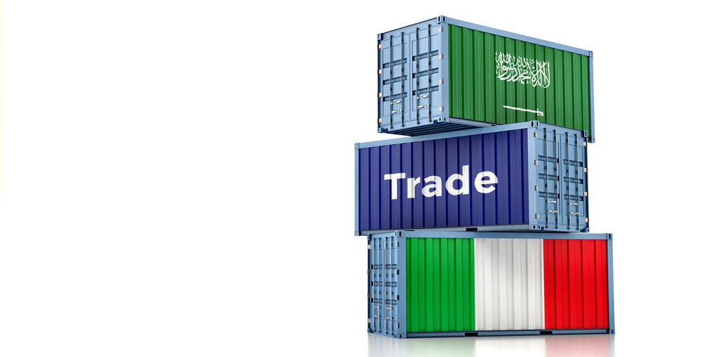 Вантажні контейнери з національним прапором Італії та Саудівської Аравії. 3D Рендерінг - Фото, зображення