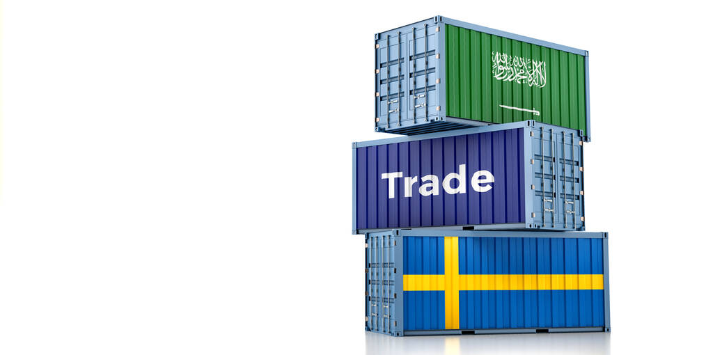 Cargo containers with Sweden and Saudi Arabia national flags. 3D Rendering - Fotó, kép
