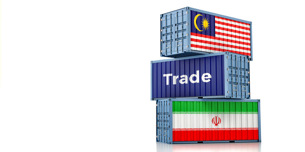 Vrachtcontainers met Maleisische en Iraanse nationale vlaggen. 3D-weergave - Foto, afbeelding