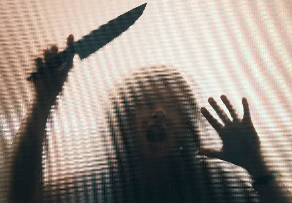 Жах, Хеллоуїн фон - Shadowy фігура за склом тримає ніж
 - Фото, зображення