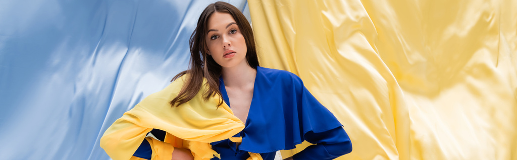 patriotic ukrainian model in trendy outfit posing with hands on hips near blue and yellow flag, banner - 写真・画像