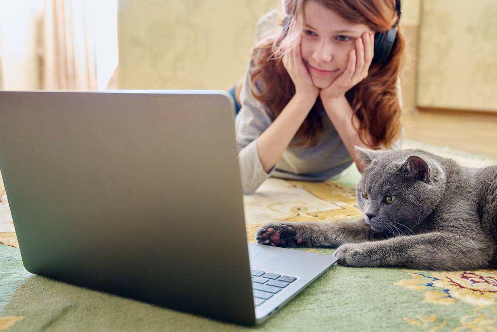 Kleutermeisje in hoofdtelefoon en grijs Brits kat huisdier samen naar laptop kijken terwijl ze thuis op de vloer ligt. Dieren, liefde, vriendschap, kinderen, vrije tijd, lifestyle concept - Foto, afbeelding