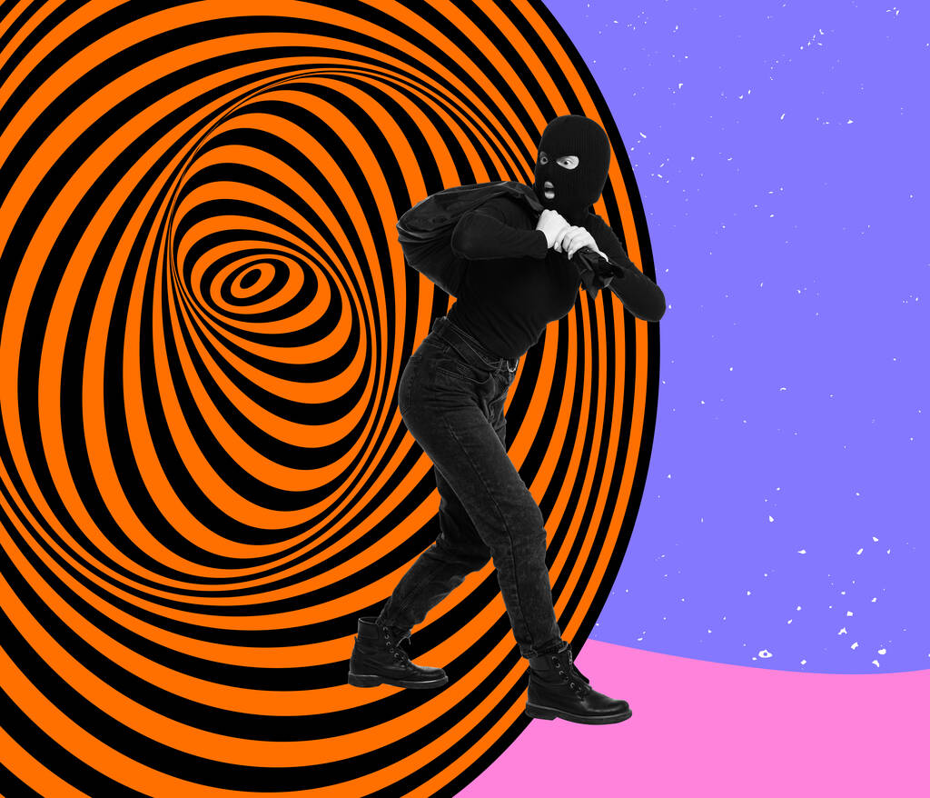Contemporary art collage. Creative inspiration. Woman in balaclava going through hole with abstract optical rays pattern. Concept of retro style, imagination, artwork, ad and surrealism - Foto, Imagem