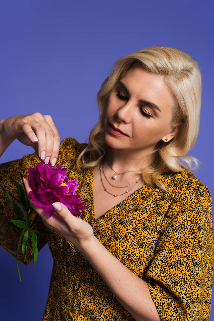 blonde woman in blouse touching petals on purple flower with green leaves isolated on violet - Valokuva, kuva