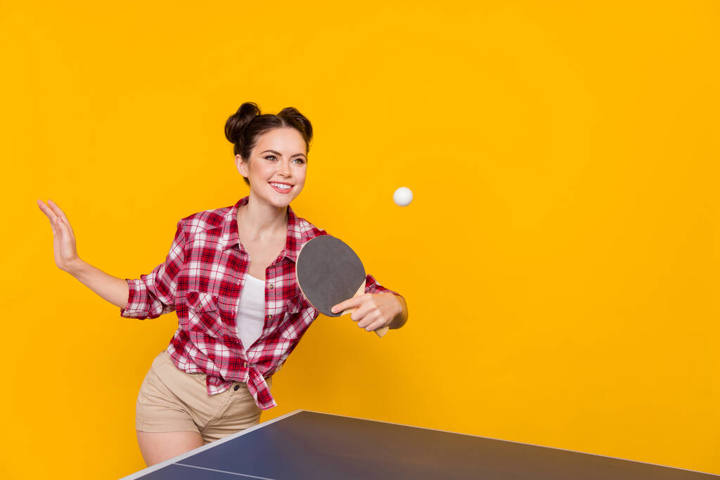 Photo of cute lovely sportswoman practice ping pong shoot ball racquet isolated vivid color background. - Photo, Image