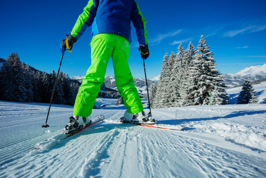Low angle photo of the alpine skier with focus on the ski between legs stand on the track over beautiful snowy forest after snowfall - Valokuva, kuva