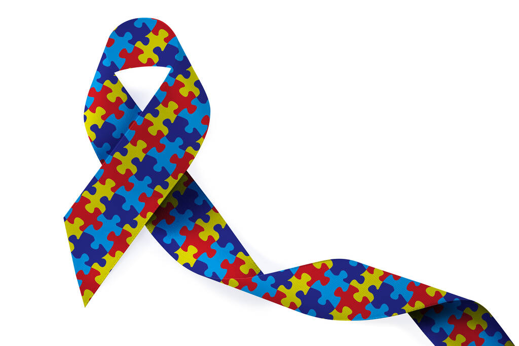 Día Mundial del Autismo. Cinta de rompecabezas colorido sobre fondo blanco, vista superior - Foto, imagen