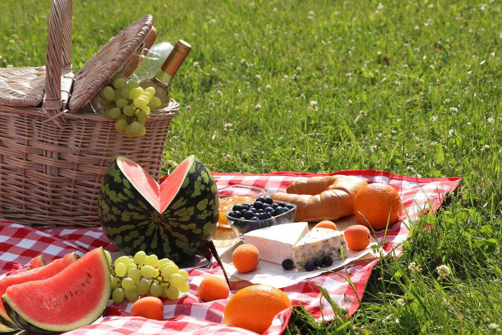 Pikniková přikrývka s lahodným jídlem a vínem venku v letní den - Fotografie, Obrázek