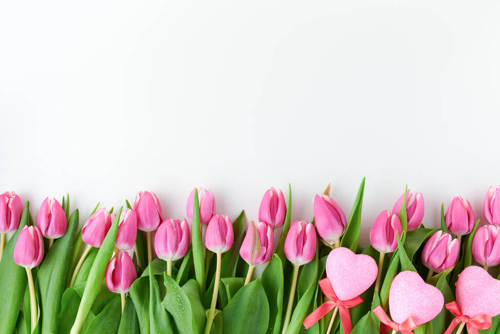 spring flat lay with tulips and valentine hearts isolated on white. - Photo, Image