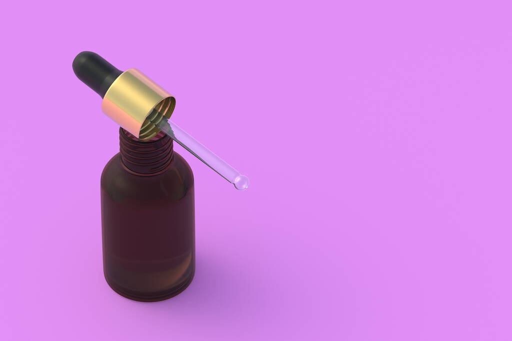Bottle with essential oil on pink background. Copy space. 3d render - Foto, Imagen