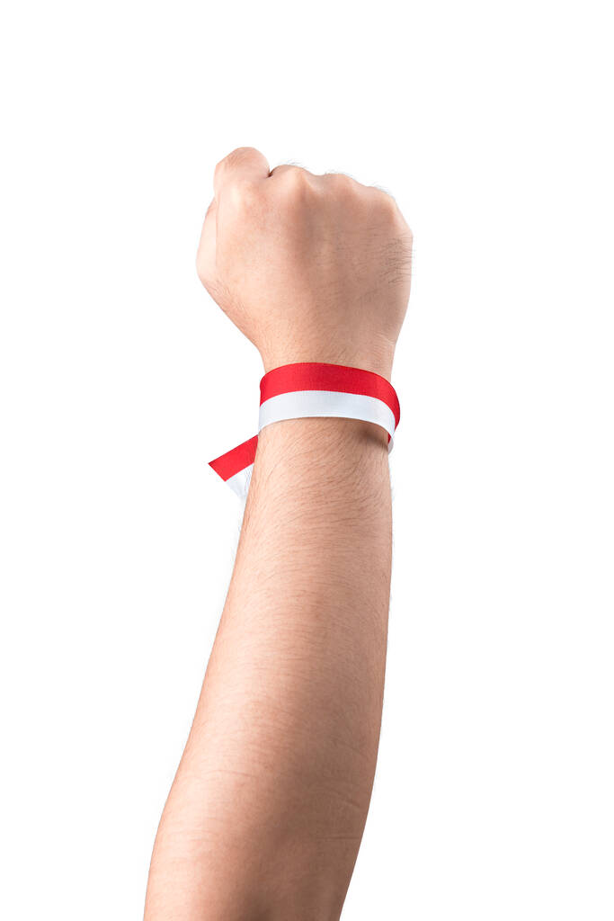 Human hand showing ribbon with the red and white color of the Indonesian flag isolated over white background - Foto, imagen