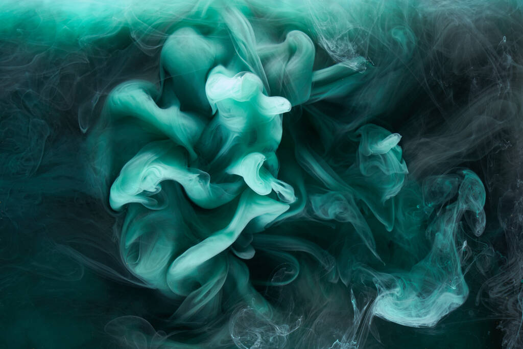 Liquide fluide art abstrait fond. Peinture acrylique bleu-vert sous l'eau, fumée galactique océan - Photo, image