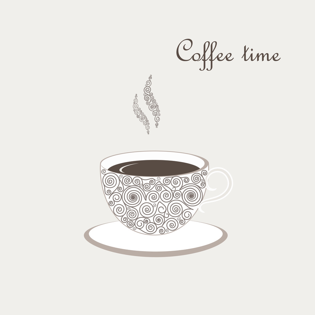 Kopje koffie met krullend ontwerpelementen - Vector, afbeelding