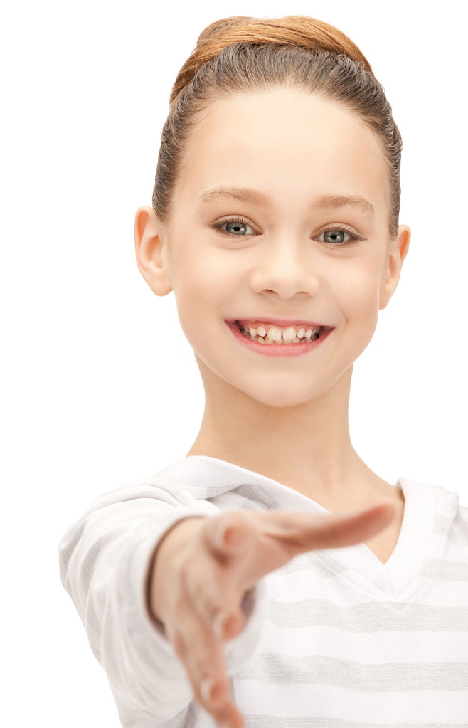 Adolescente chica con una mano abierta listo para el apretón de manos
 - Foto, Imagen