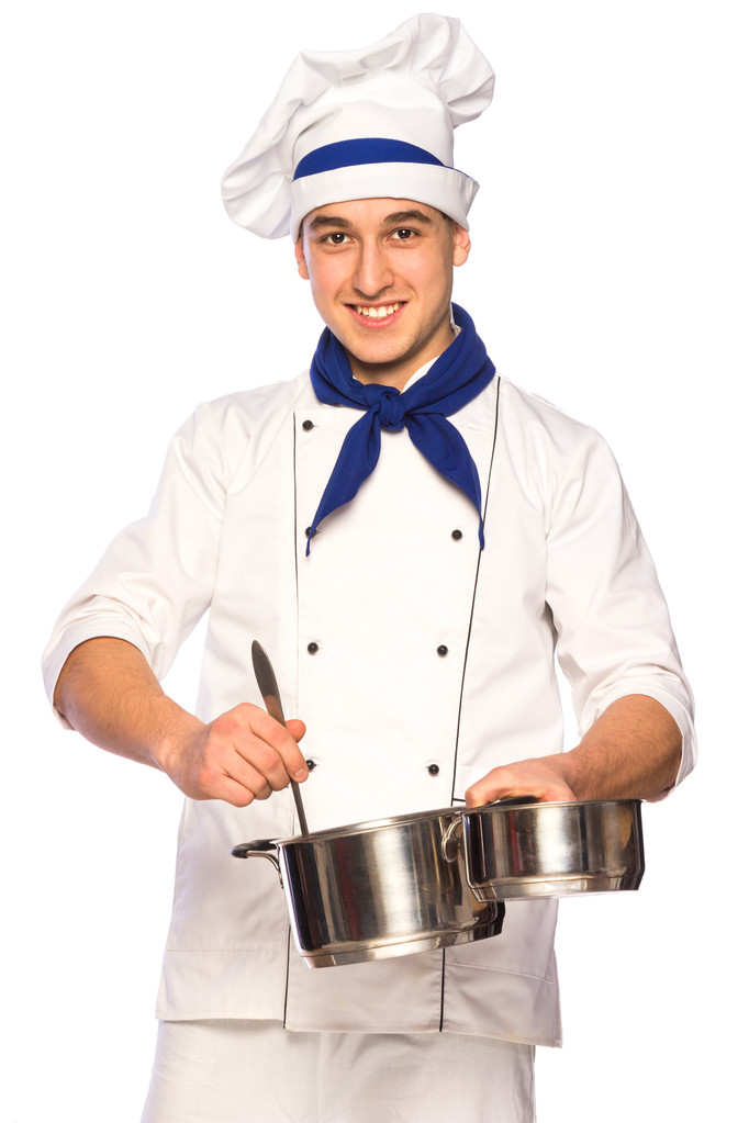 Usměvavý kuchař kuchař s nádobím - Fotografie, Obrázek