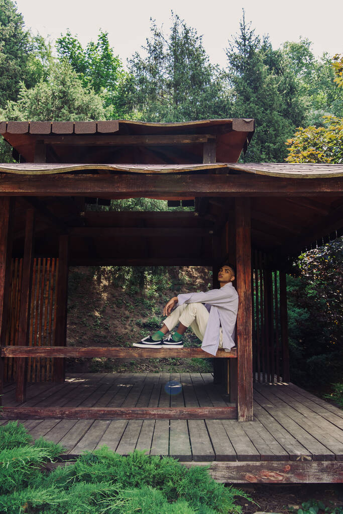 full length of african american man in summer clothes and sneakers sitting in wooden gazebo - Foto, immagini