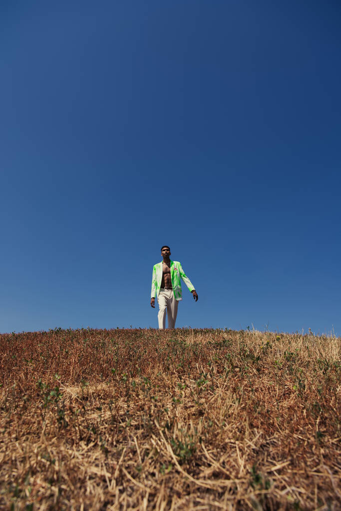 trendy african american man walking in meadow under blue and clear sky  - Valokuva, kuva