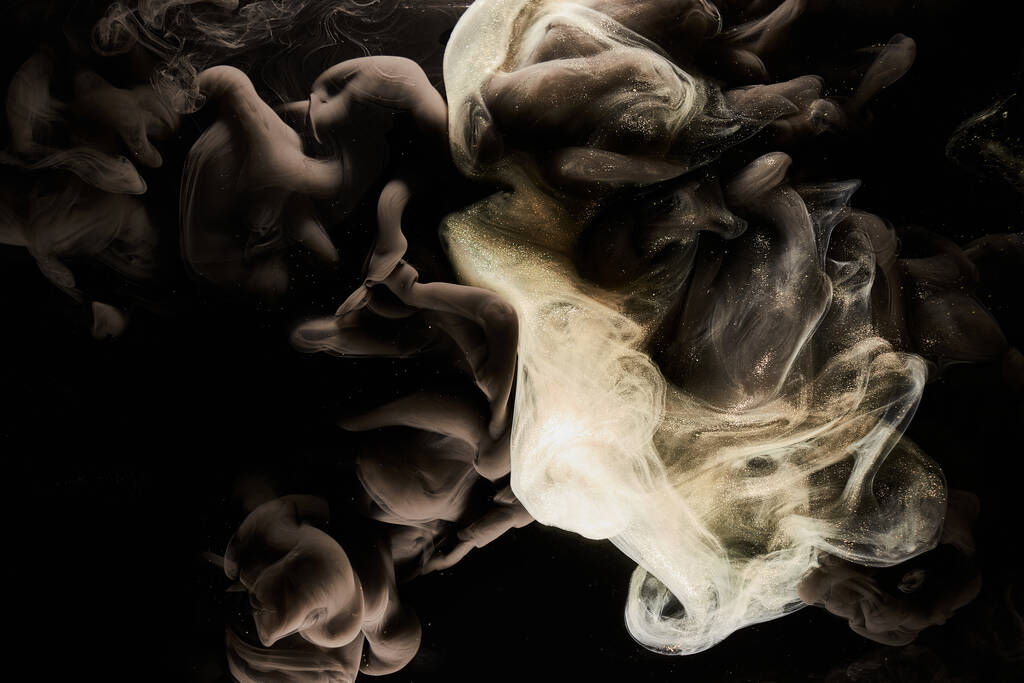 Flüssige flüssige Kunst abstrakten Hintergrund. Schwarze weiße Düsen und Rauch tanzen Acrylfarben unter Wasser, Weltraum Ozean, Universum Explosion - Foto, Bild