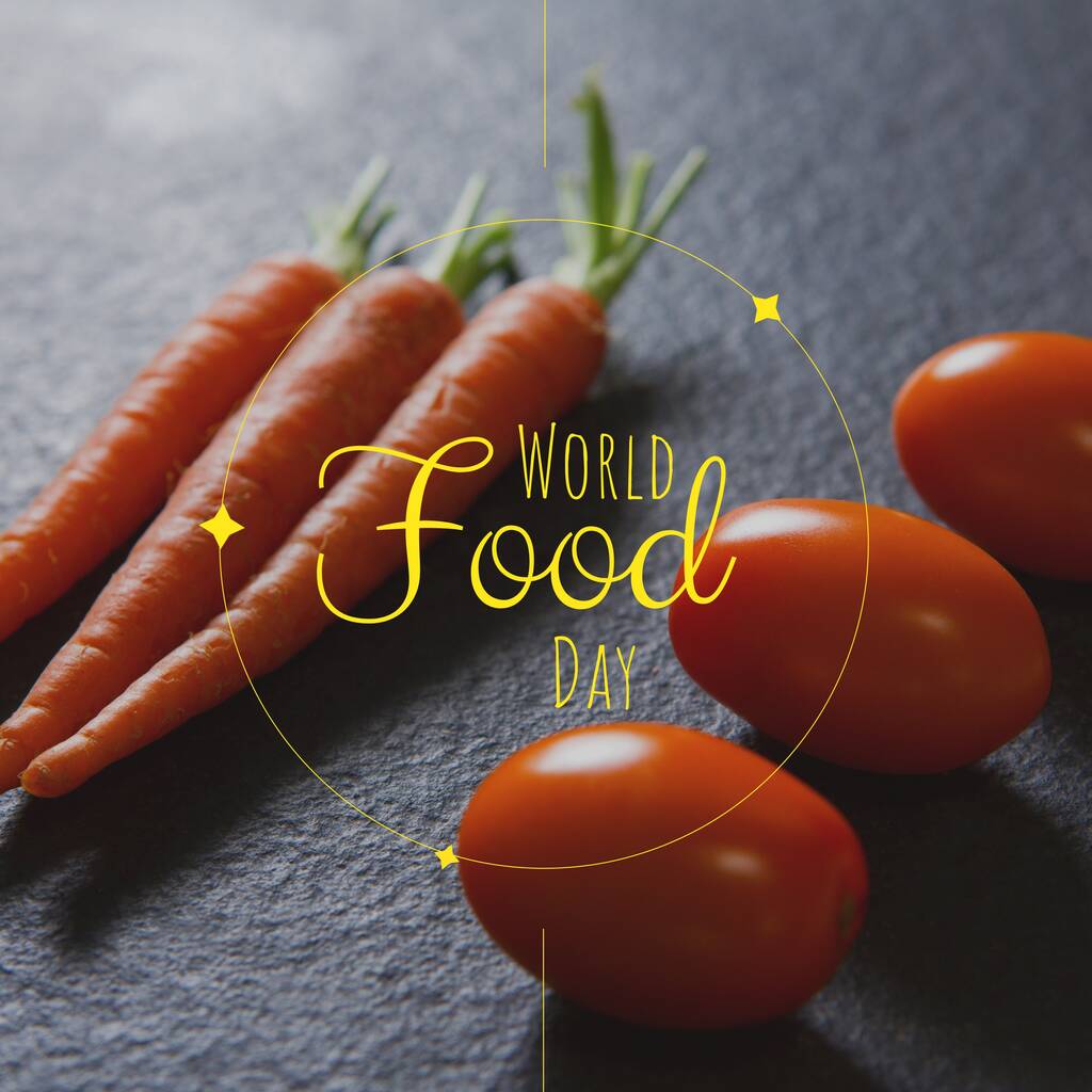 Image of world food day over tomatoes and carrots. Food, nutrition, agriculture, health and food production concept. - Photo, Image