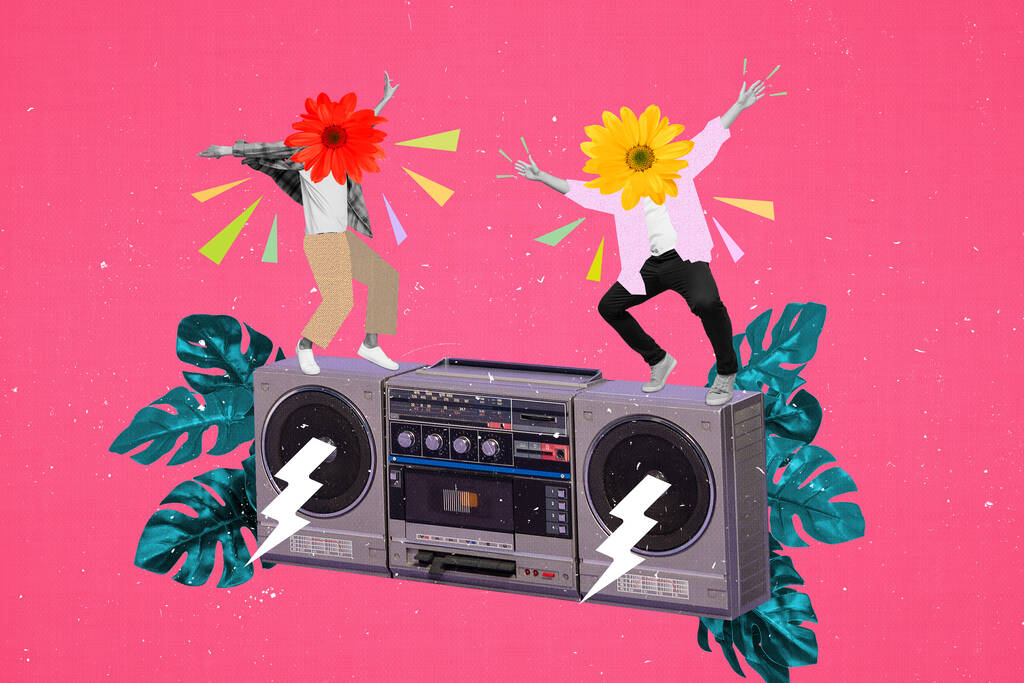 Magazine poster collage of two youth with blossom plant face dance active boombox isolated pink color background. - Photo, Image