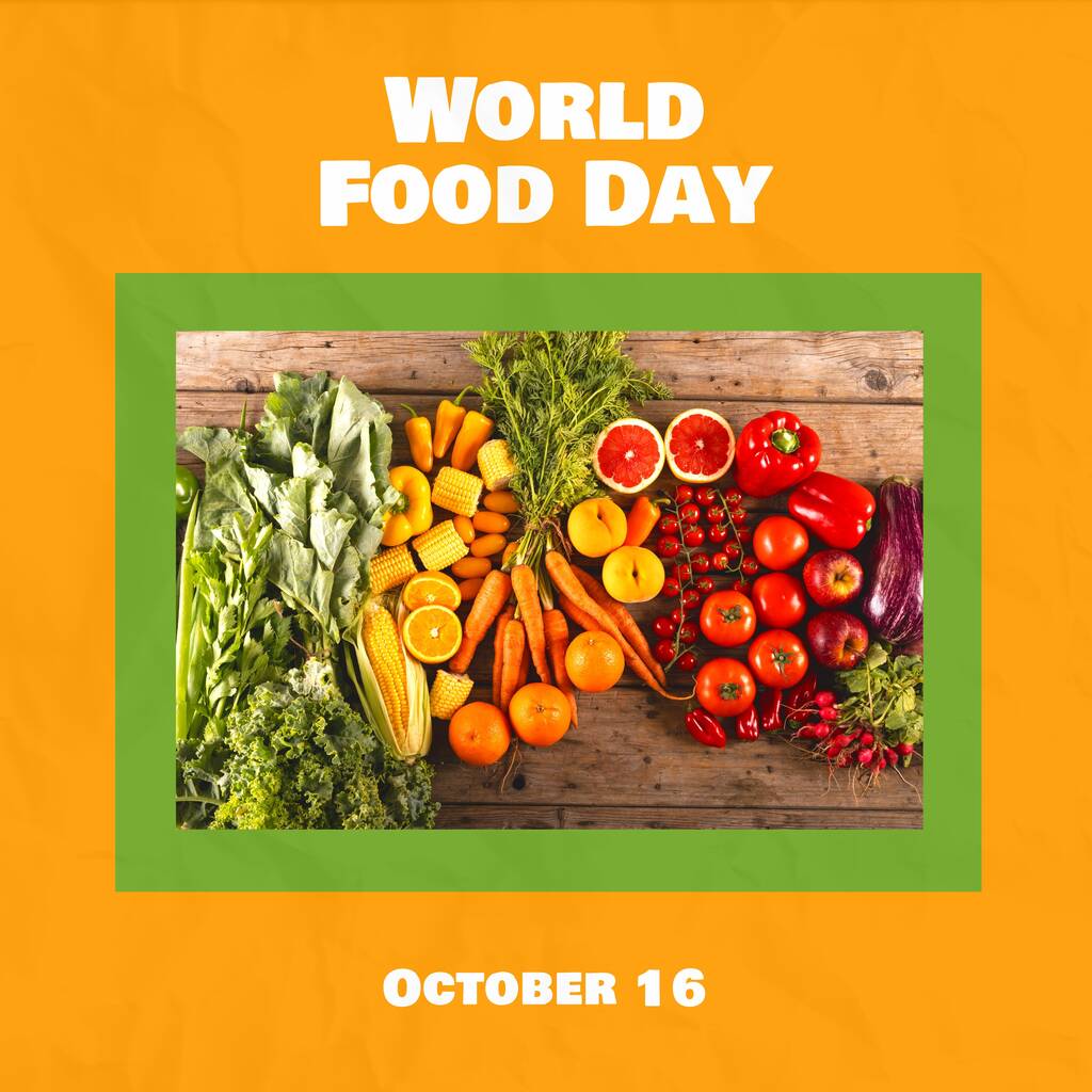 Obrázek Světového dne jídla nad fotkou se zeleninou a ovocem. Potraviny, výživa, ovoce a zelenina a koncepce produkce potravin. - Fotografie, Obrázek