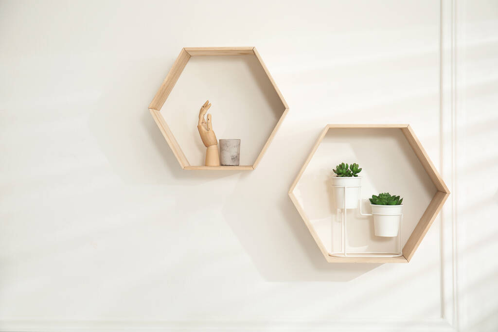 Honeycomb shaped shelves with decorative elements and houseplants on white wall - Valokuva, kuva