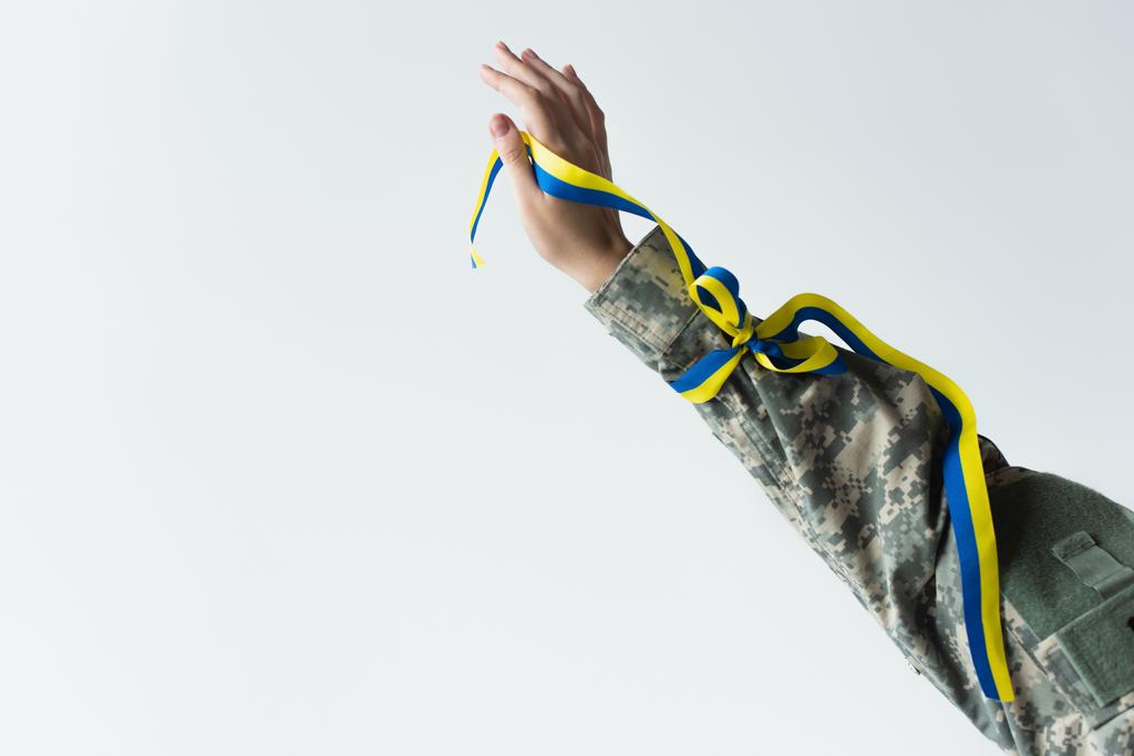 Cropped view of soldier with blue and yellow ribbon on hand isolated on grey  - Фото, изображение