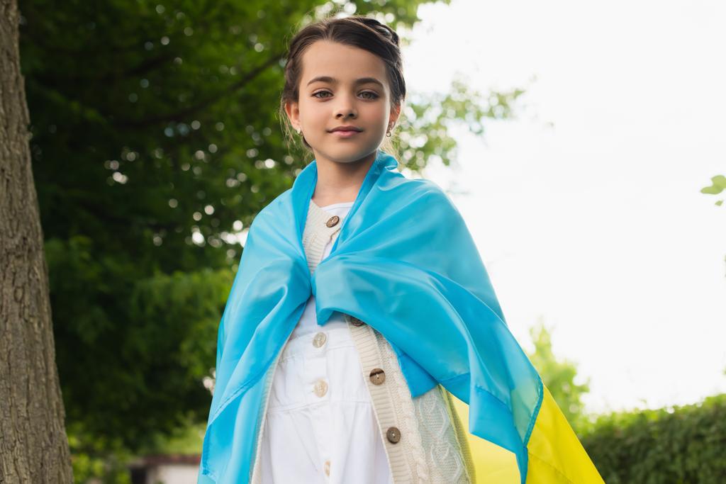 girl covered with ukrainian flag looking at camera outdoors - 写真・画像