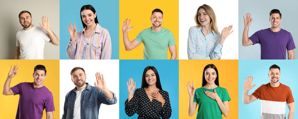 Collage with photos of cheerful people showing hello gesture on different color backgrounds. Banner design - Fotografie, Obrázek