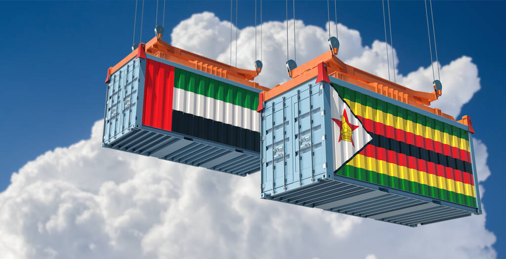 Cargo containers with United Arab Emirates and Zimbabwe national flags. 3D Rendering - Zdjęcie, obraz