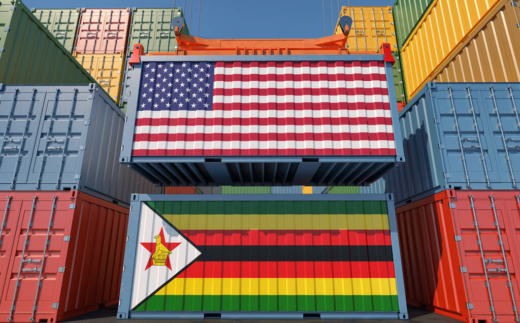 Rahtikontit Yhdysvaltojen ja Zimbabwen kansallisilla lipuilla. 3D-renderointi - Valokuva, kuva