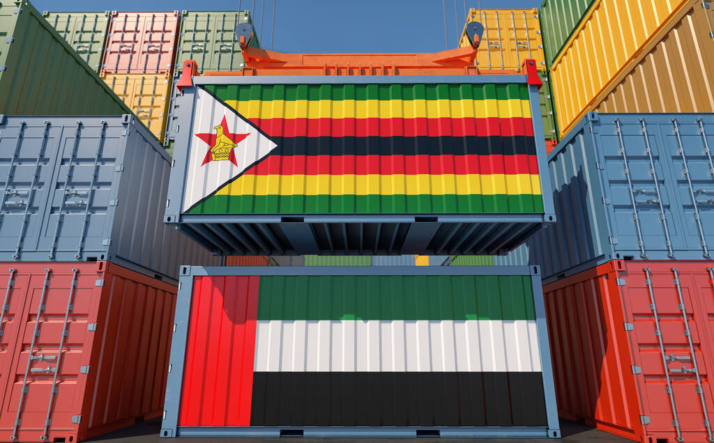 Vrachtcontainers met de vlag van de Verenigde Arabische Emiraten en Zimbabwe. 3D-weergave - Foto, afbeelding