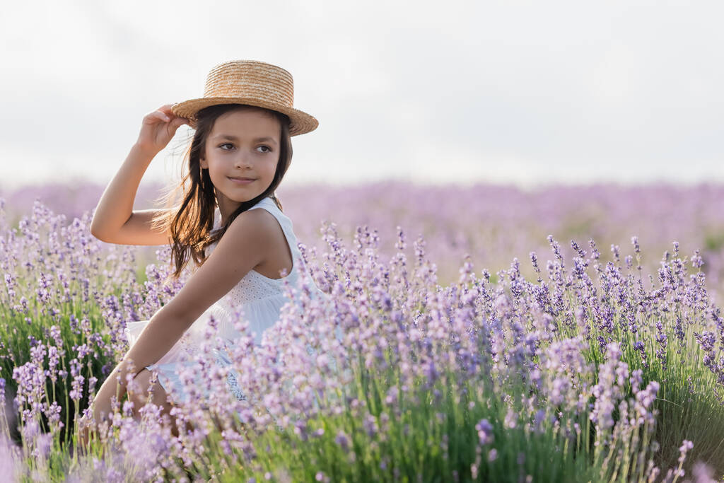brunette girl in straw hat looking away in field with blooming lavender - Fotoğraf, Görsel