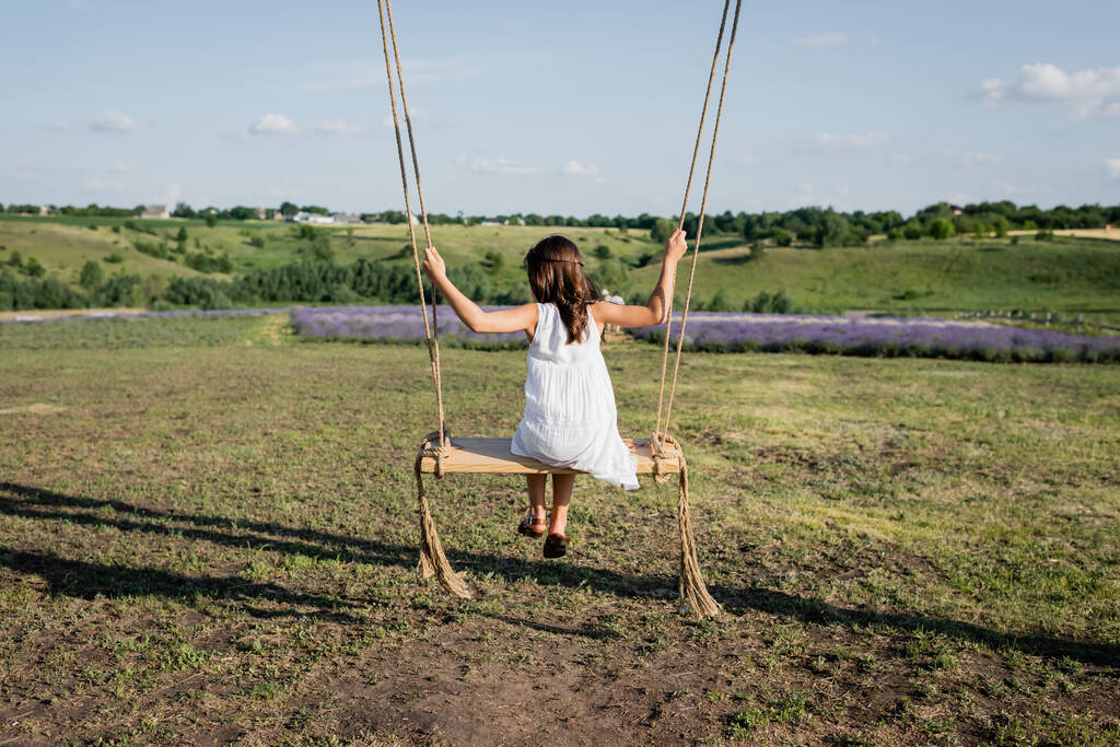 back view of girl riding swing in field on summer day - Zdjęcie, obraz