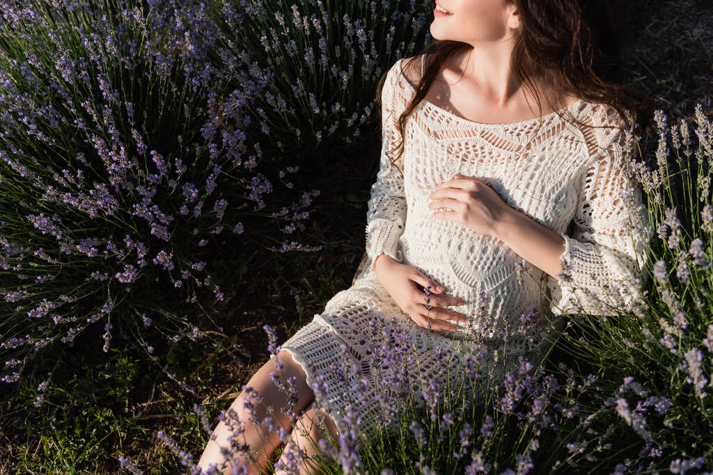 partial view of happy pregnant woman in openwork dress sitting in lavender meadow - Valokuva, kuva
