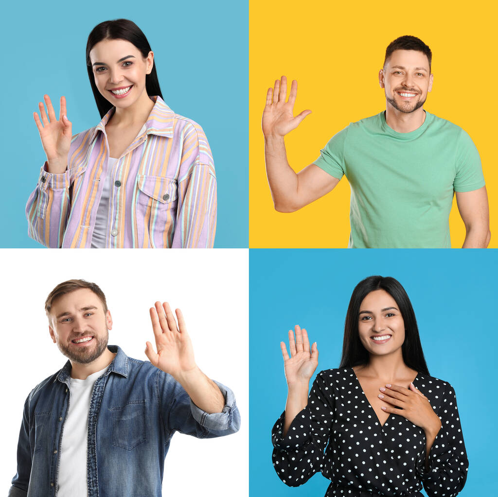 Collage with photos of cheerful people showing hello gesture on different color backgrounds - Foto, immagini