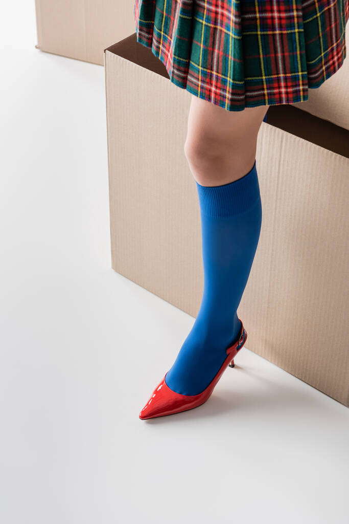 Cropped view of woman in plaid skirt and heel standing near cardboard box on white background  - Valokuva, kuva