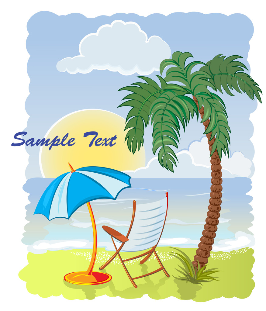 Palm tree on the sea beach with umbrella and chair - Vector, Image