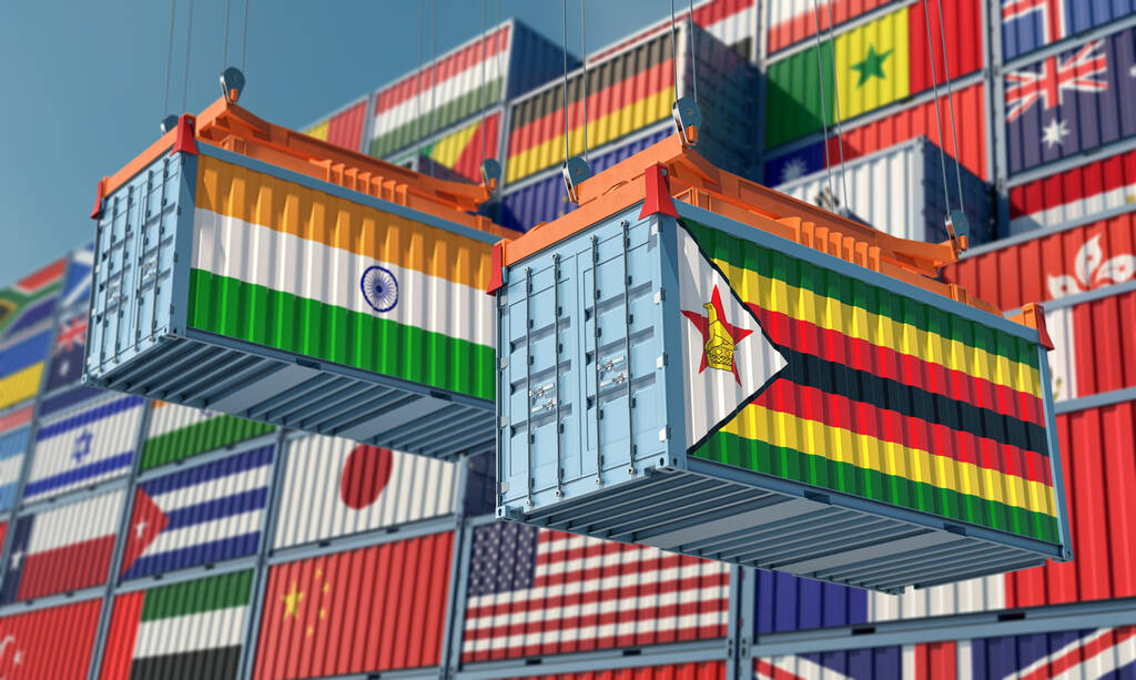 Cargo containers with India and Zimbabwe national flags. 3D Rendering - Фото, зображення