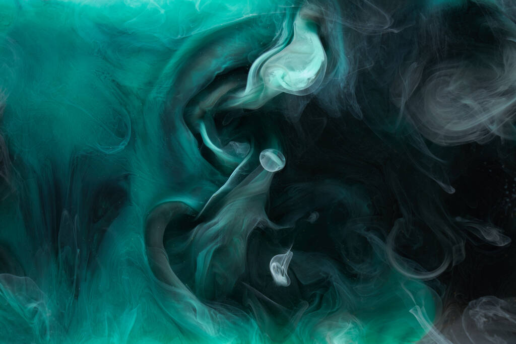 Fluido líquido arte fundo abstrato. Azul tinta acrílica verde subaquática, oceano de fumaça galáctica - Foto, Imagem