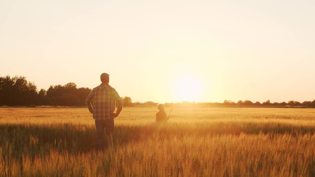 Farmer and his son in front of a sunset agricultural landscape. Man and a boy in a countryside field. The concept of fatherhood, country life, farming and country lifestyle. - Zdjęcie, obraz