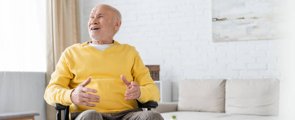 Happy senior man sitting in wheelchair in living room, banner  - Fotoğraf, Görsel