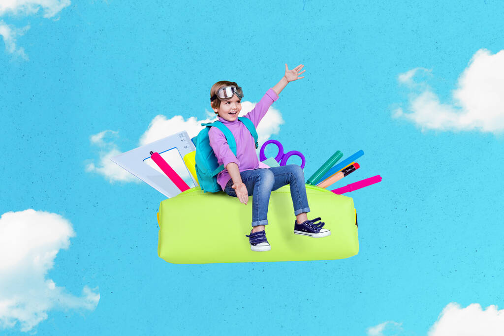 Exclusive painting magazine sketch image of little kid riding big pen case flying skies isolated painting background. - Foto, Imagen