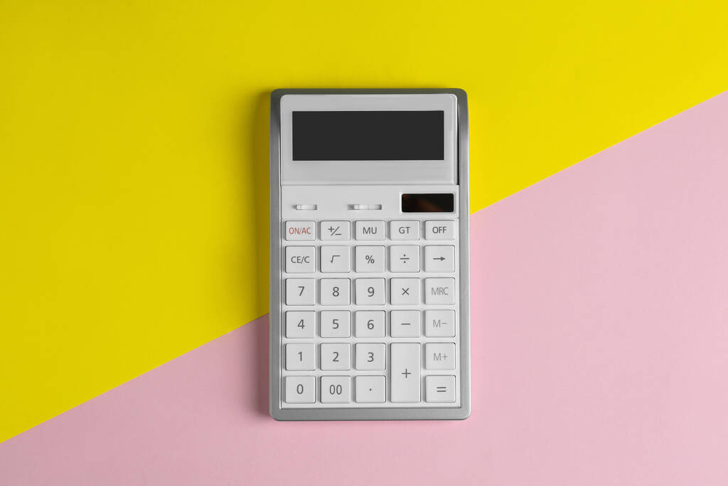 Modern calculator on color background, top view - Foto, Imagen