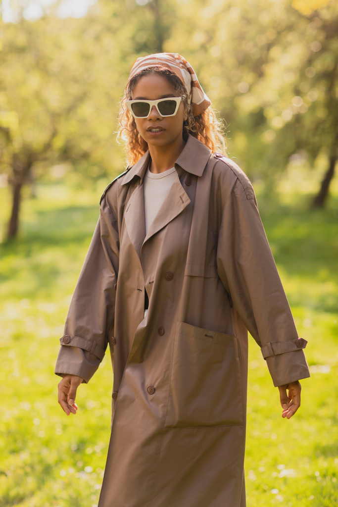 молода афроамериканка в стильних сонцезахисних окулярах і траншеї пальто, що йде по парку
 - Фото, зображення