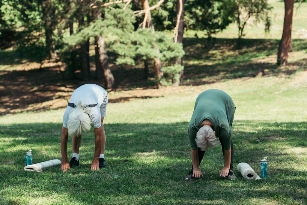 full length of senior couple stretching backs near sports bottles and fitness mats in park - Photo, Image