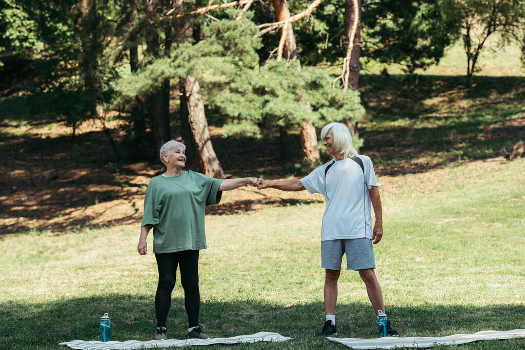 πλήρες μήκος της ηλικιωμένης γυναίκας κρατώντας τα χέρια με το σύζυγο κοντά σε στρώματα γυμναστικής στο πάρκο  - Φωτογραφία, εικόνα