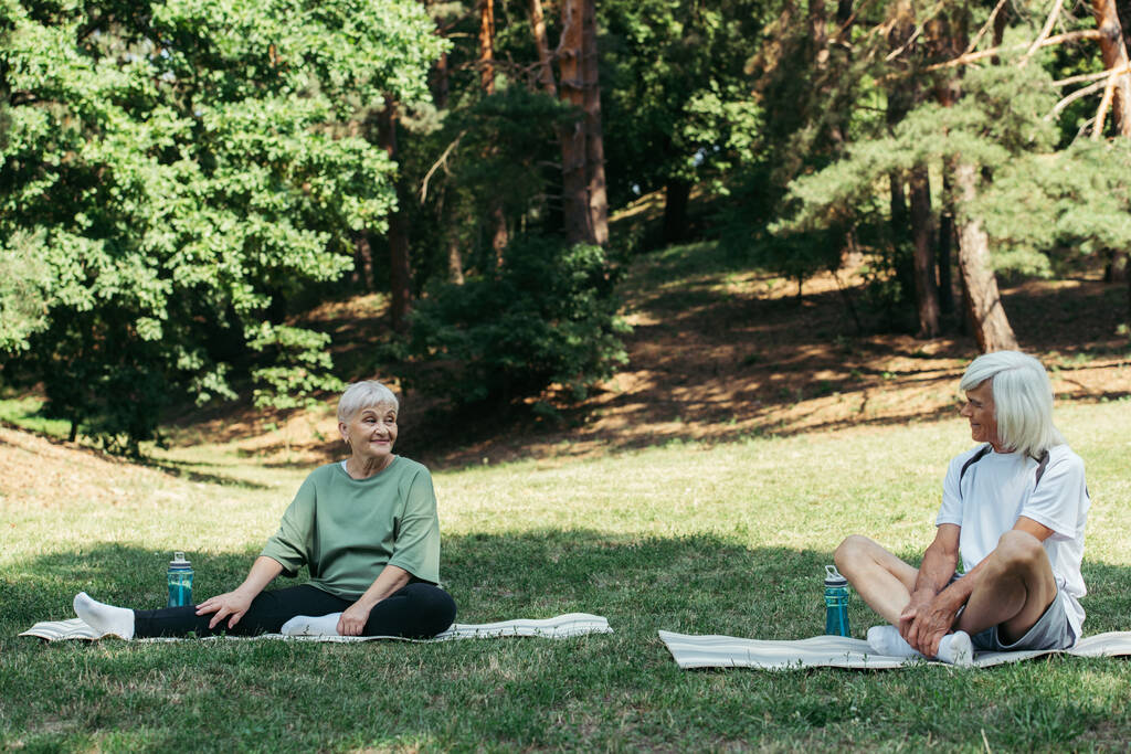 senior and happy couple sitting on fitness mats and looking at each other in green park - Fotó, kép